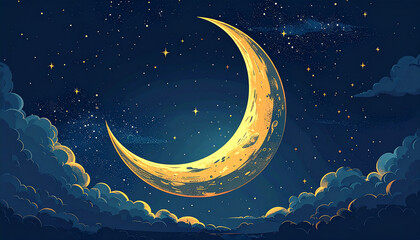 Naklejka premium A crescent moon illuminated against a starry night sky, with clouds. The moon casts a warm glow amidst a dark, atmospheric backdrop