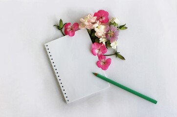 Notebook and pencil with flowers on white background. Top view.