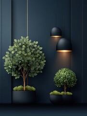 Fototapeta premium Stylish indoor scene featuring two potted plants and modern hanging lights against a blue wall, perfect for decor inspiration, interior design, or botanical themes in digital or print media,