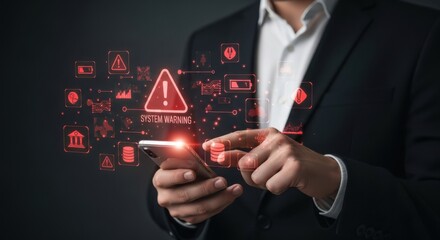 Businessman using smartphone with warning icons and alert symbols in a digital network