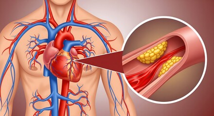 Close up view of human heart and artery showing plaque buildup and atherosclerosis