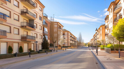 Fototapeta premium Generic stock image of a residential urban street with apartment buildings, balconies, asphalt road and sidewalks, created for real estate and housing use in southern Europe. Not a specific location. 