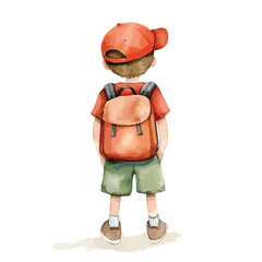 Watercolor Illustration of a Young Boy with Backpack Facing Away (4)