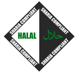 Halal certification stamp design with English text on one side and Arabic text on the other, symbolizing authenticity, trust, and Sharia-compliant food and products. sharia compliant text in outline