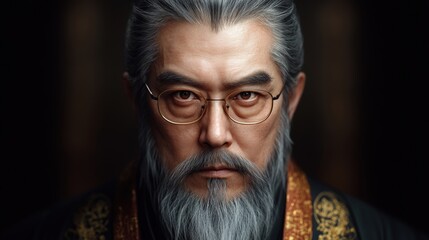 A wise, elderly man with glasses and a grey beard, wearing a traditional dark robe with intricate patterns is portrayed, exuding a serious and thoughtful demeanor, Ideal for themes of wisdom, culture