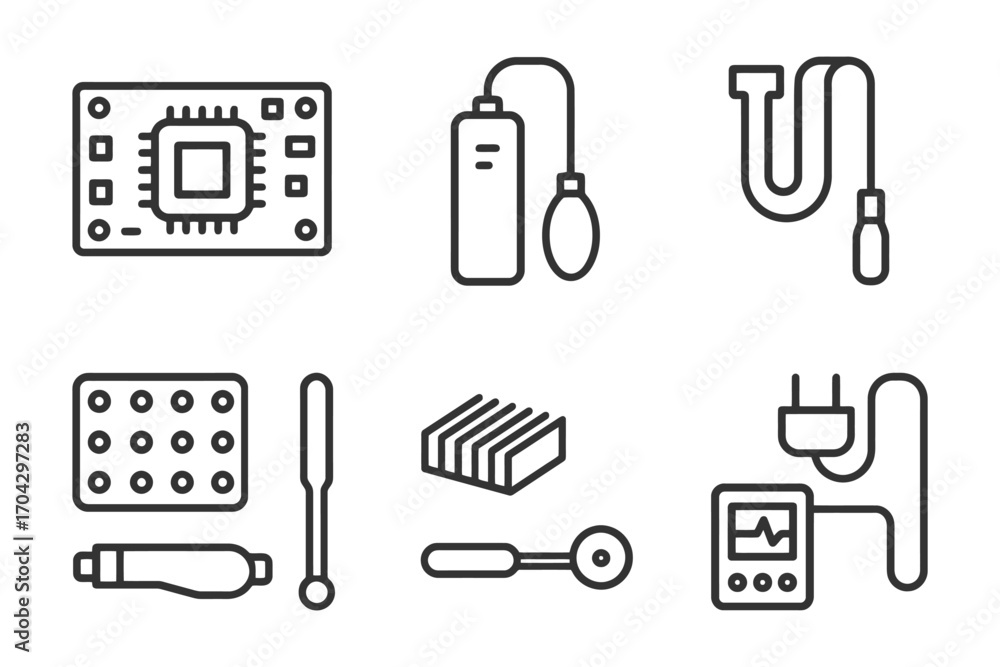 Poster a set of six icons of various electronic devices and tools. the icons include a computer, a screwdri