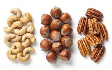  Three neat rows of different nuts are presented on a clean white background: cashews, hazelnuts in their shells, and pecans.
