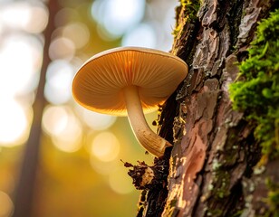 Mushroom on tree trunk, sunlight