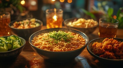Obraz premium Midnight snack session with bowls of ramyeon cold cucumber kimchi and spicy fried chicken on a table illuminated by soft lighting