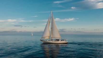 Fototapeta premium White Sailboat with Billowing Sails on Calm Azure Sea, Clear Blue Sky, Sunlight Reflections, and Peaceful Ocean Horizon