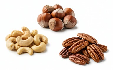  Three distinct piles of nuts – cashews, hazelnuts (in shell), and pecans – are arranged separately on a white surface. 
