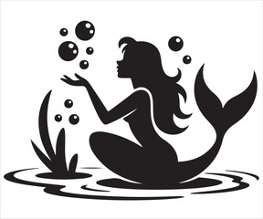 Silhouette of mermaid with bubbles underwater fantasy art
