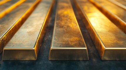 Shiny gold bars stacked closely, reflecting light beautifully, ideal for financial, investment, or luxury themes in presentations, advertisements, or articles related to wealth and gold trading,