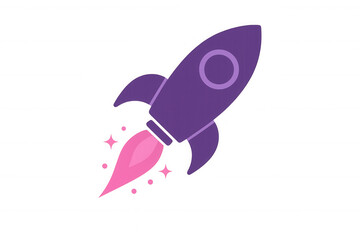 Fototapeta premium Purple cartoon rocket ship launching with pink fire exhaust and sparkles on a transparent background, representing startup, innovation, and growth