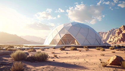 Futuristic dome structure in desert landscape (1)