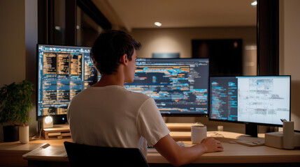 A researcher programs a CRISPR experiment in a bioinformatics lab with code scrolling on screens coffee mugs cooling a whiteboard with gene maps and a quiet hum of servers