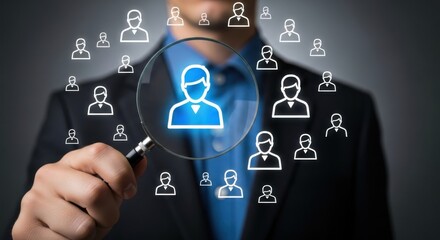 Fototapeta premium Businessman using a magnifying glass to find a person in a crowd of icons