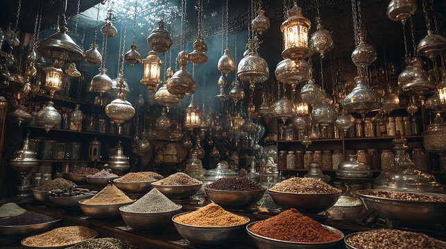 Spice market morocco oriental bazaar lamps spices herbs powders bowls travel culture shop selling 1001 nights