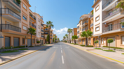 Obraz premium Generic stock image of a residential urban street with apartment buildings, balconies, asphalt road and sidewalks, created for real estate and housing use in southern Europe. Not a specific location. 