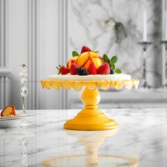 Yellow Scalloped Cake Stand with Fruit Dessert