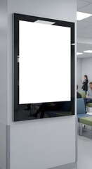 Blank advertising billboard in a waiting room with people in the background