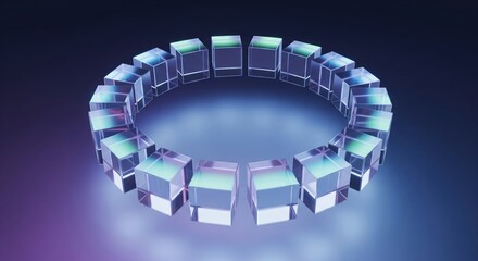 Naklejka premium A circular arrangement of glowing translucent cubes on a vibrant gradient background, representing abstract connectivity and innovation.