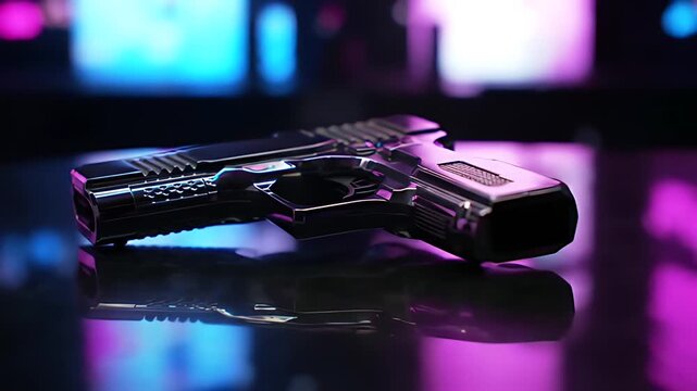 Sleek chrome angular laser pistol rests on a reflective table, showcasing vibrant neon city lights shimmering on its polished surface.