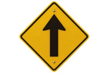 Yellow Road Sign with Black Up Arrow on Transparent Background