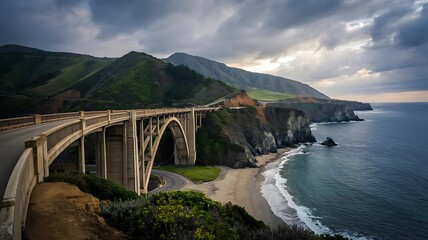 California Coastal Landscape with Bixby Bridge, Rocky Cliffs, Vibrant Green Hills, Blue Ocean Waves, and Scenic Highway Overlook