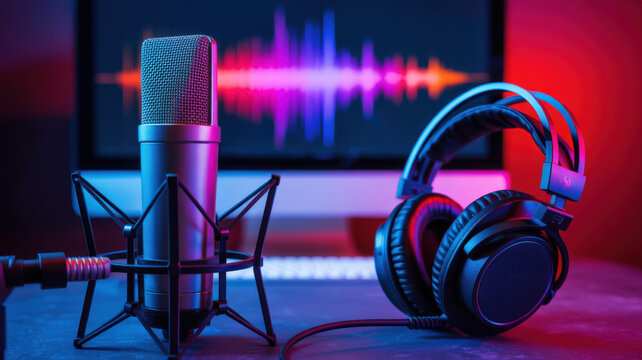 Professional Podcast Recording Studio Setup with Microphone Headphones and Computer Display - Powered by Adobe