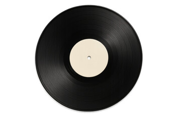 Black vinyl record with blank label on transparent background