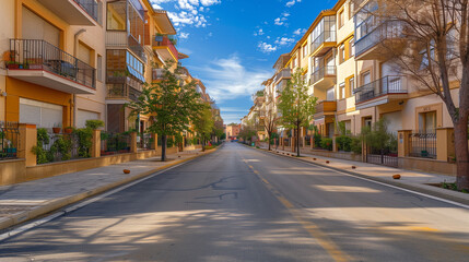 Obraz premium Generic stock image of a residential urban street with apartment buildings, balconies, asphalt road and sidewalks, created for real estate and housing use in southern Europe. Not a specific location. 