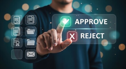 Fototapeta premium Persons finger pressing the approve button on a digital interface with icons representing documents