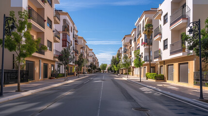 Generic stock image of a residential urban street with apartment buildings, balconies, asphalt road and sidewalks, created for real estate and housing use in southern Europe. Not a specific location.
