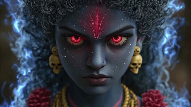 Fierce Hindu Goddess Kali with Glowing Red Eyes