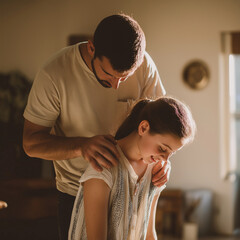 Warm moment between a man and girl in a cozy indoor setting during golden hour