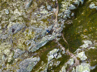 Overhead view of hiker on rugged, mossy mountain terrain.