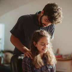 Man assists girl with homework while sitting in a cozy workspace filled with natural light