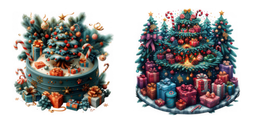 Two festive christmas tree arrangements adorned with ornaments and gifts, isolated on transparent background, capturing the holiday spirit