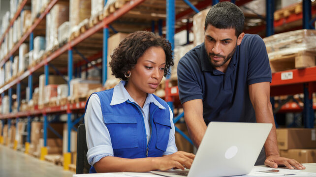 Warehouse Workers Using Laptop for Inventory Management and Logistics Operations