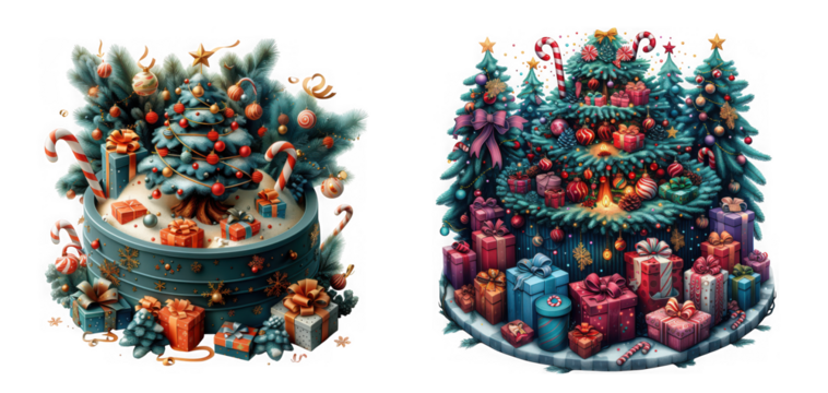 Two festive christmas tree arrangements adorned with ornaments and gifts, isolated on transparent background, capturing the holiday spirit