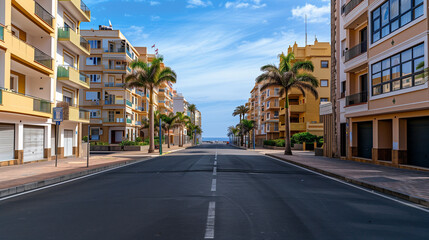 Fototapeta premium Generic stock image of a residential urban street with apartment buildings, balconies, asphalt road and sidewalks, created for real estate and housing use in southern Europe. Not a specific location. 