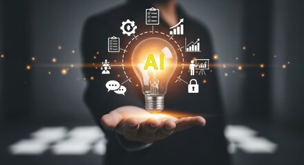 Artificial intelligence concept with a glowing light bulb and icons representing innovation and technology
