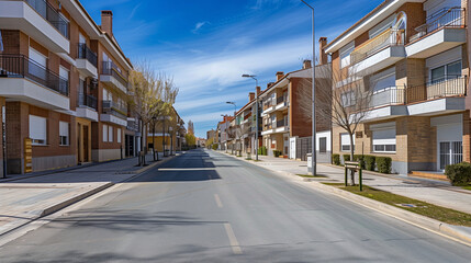 Obraz premium Generic stock image of a residential urban street with apartment buildings, balconies, asphalt road and sidewalks, created for real estate and housing use in southern Europe. Not a specific location. 