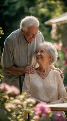 Elderly couple enjoying a joyful moment together in a beautiful garden setting