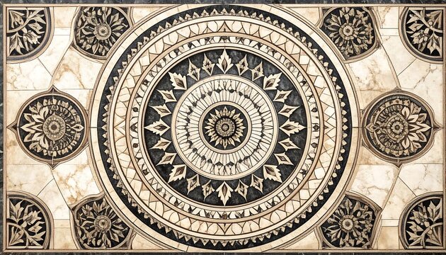 Ornate, symmetrical tile pattern in beige and dark brown, featuring concentric circles and floral designs