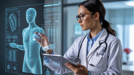 Doctor Using Futuristic Technology to Analyze Human Anatomy with Holographic Interface