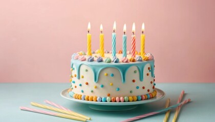 Colorful Birthday Cake With Candles and Vibrant Decorations Presented on a Pastel Table Setting