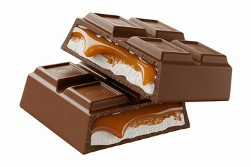Two pieces of chocolate bar are stacked, revealing a gooey caramel and marshmallow filling. 
