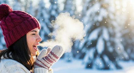 Smiling woman exhaling visible breath in the cold winter air. Happy young person in a warm hat enjoying a sunny day in a snowy forest